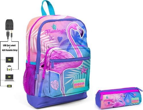 Pembe Flamingo Baskılı İlkokul Sırt Çantası ve Kalemlik Seti - Kız Çocuk - USB Soketli