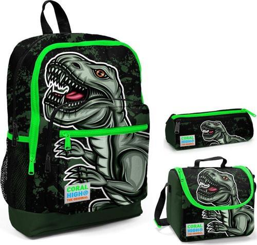 Yeşil Dinazor Baskılı Erkek Çocuk 3'lü İlkokul Çanta Seti