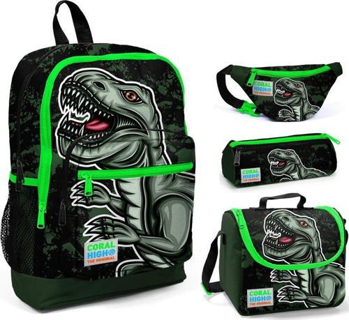 Yeşil Dinazor Baskılı Erkek Çocuk 4'lü İlkokul Çanta Seti