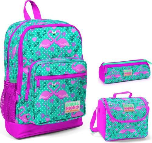 Yeşil Flamingo Baskılı Kız Çocuk 3'lü İlkokul Çanta Seti