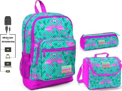 Yeşil Flamingo Baskılı Kız Çocuk İlkokul Çanta Seti - USB Çıkışlı