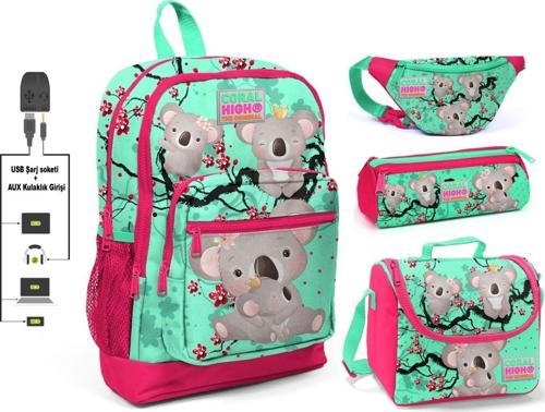 Yeşil Koala Baskılı 4'lü Kız Çocuk İlkokul Çanta Seti - USB Soketli
