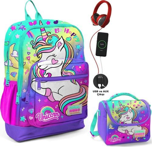 Su Yeşili Lavanta Unicorn Okul ve Beslenme Çantası Seti - Usb Soketli - Kız Çocuk