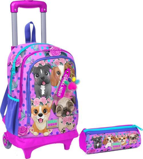 Pembe Köpek Işıklı Tekerlekli Çekçek Çanta ve Kalemlik Seti - Kız Çocuk