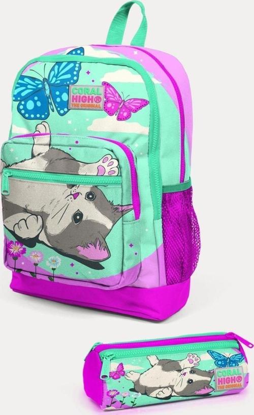Su Yeşili Pembe Kedi Desenli 2'li Okul Çanta Seti - Kız Çocuk