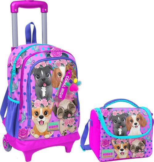 Pembe Köpek Işıklı Tekerlekli Okul Çantası ve Beslenme Seti - Kız Çocuk
