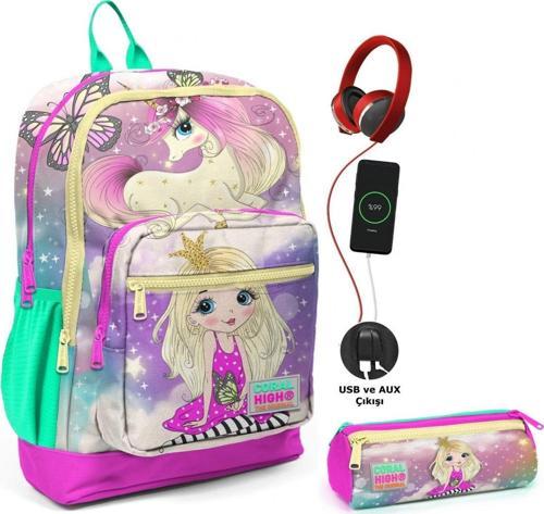Su Yeşili Unicorn USB Soketli Okul Çantası ve Kalemlik Seti - Kız Çocuk