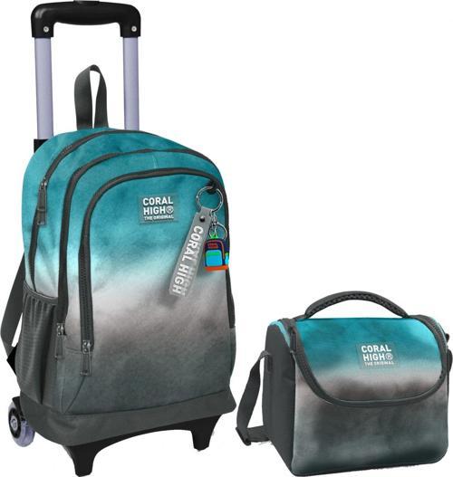 Turkuaz Gri Batik Işıklı Tekerlekli Okul Çantası ve Beslenme Seti - Erkek Çocuk