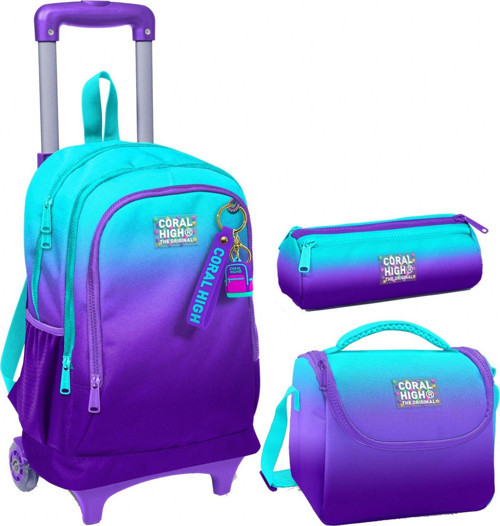 Turkuaz Mor Renk Geçişli Üçlü Çekçek Işıklı Tekerlekli Çanta Seti - Erkek Çocuk