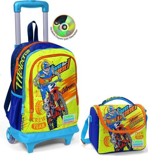 Sarı Mavi Motorsiklet Çekçek Okul Çantası ve Beslenme Seti - Işıklı Tekerlekler - Erkek Çocuk