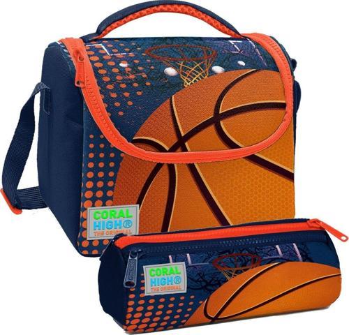 Turuncu Lacivert Basketbol Desenli Erkek Çocuk Isı Yalıtımlı Beslenme Çantası ve Kalemlik Seti