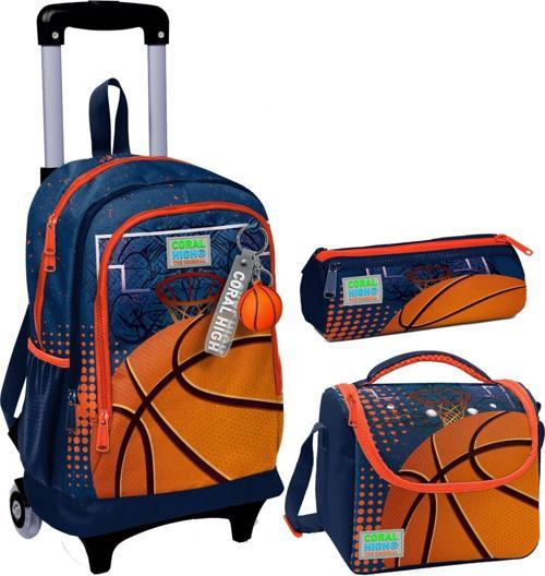 Turuncu Lacivert Basketbol Üçlü Çekçek Işıklı Tekerlekli Çanta Seti - Erkek Çocuk