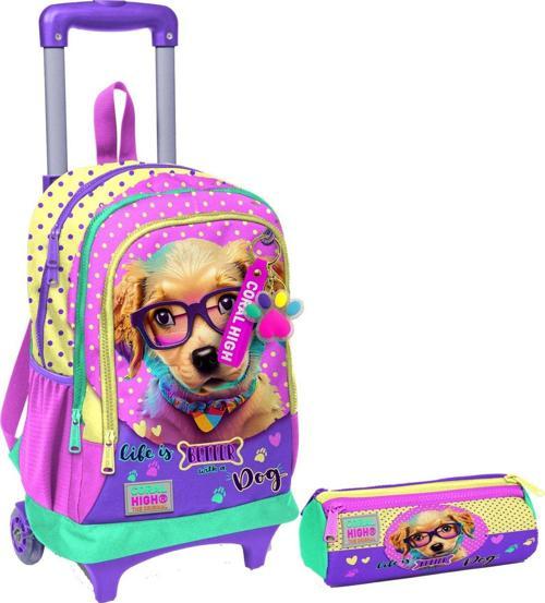 Sarı Pembe Sevimli Köpek Işıklı Tekerlekli Çekçek Çanta ve Kalemlik Seti - Kız Çocuk