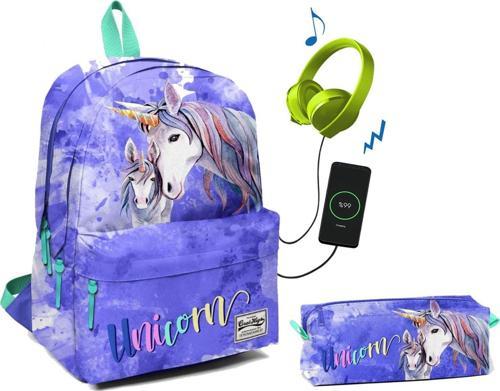 Üç Bölmeli Ortaokul ve Lise Okul Çantası Seti - Mavi Unicornlar