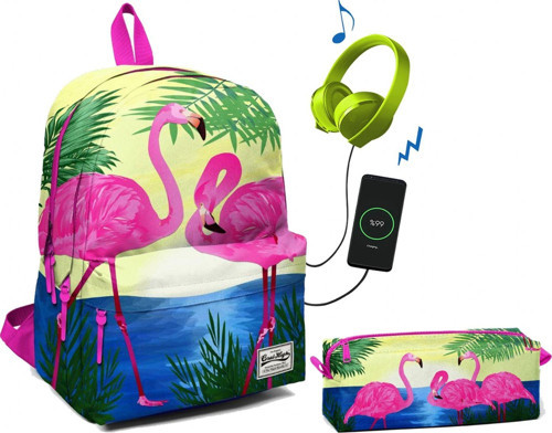 Üç Bölmeli Ortaokul ve Lise Okul Çantası Seti - Pembe Flamingolar