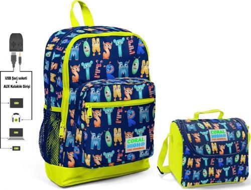 Sevimli Harfler Baskılı Okul Çantası ve Beslenme Çantası Seti - Erkek Çocuk - USB Soketli