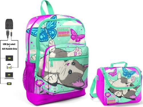Sevimli Kedi ve Kelebek Okul Çantası ve Beslenme Çantası Seti - Kız Çocuk - USB Soketli