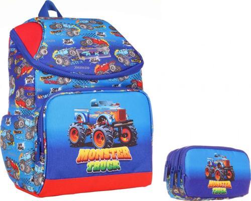 Mavi Kırmızı Kamyon Okul Sırt Çantası ve Kalemlik Seti - Erkek Çocuk