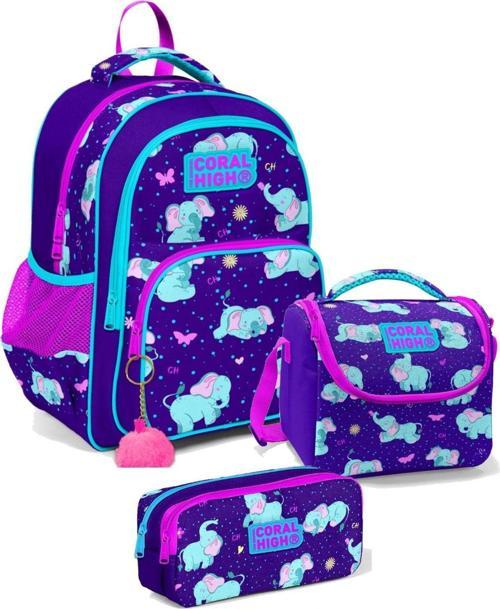 Üç Gözlü İlkokul Sırt Çantası Seti Mor Sevimli Fil Kız Çocuk