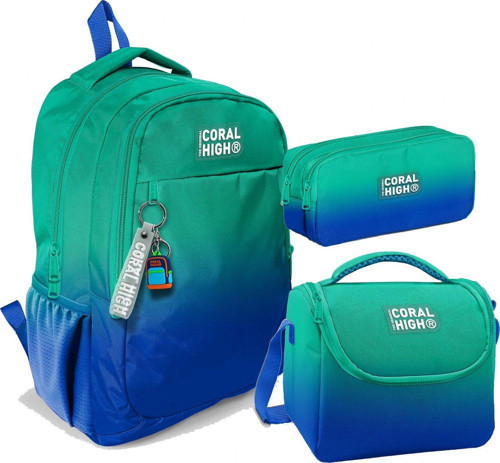 Üç Gözlü İlkokul ve Ortaokul Çanta Seti - Erkek Çocuk - Yeşil Saks Renk Geçişli Desenli