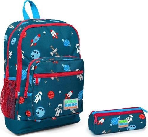 Coral High Astronot Baskılı Erkek Çocuk Sırt Çantası ve Kalem Çantası Seti - Mavi/Kırmızı