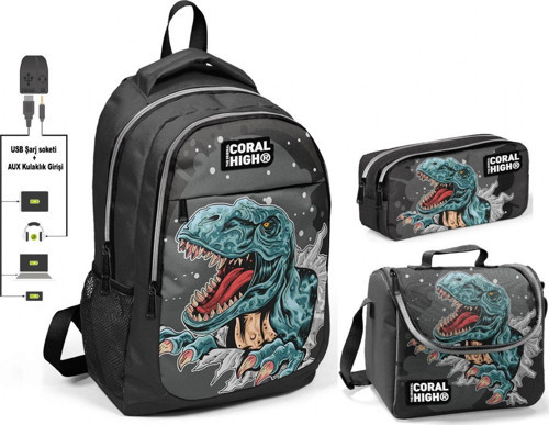 Coral High Erkek Çocuk Dinazor Desenli 3'lü Çanta Takımı - USB Soketli
