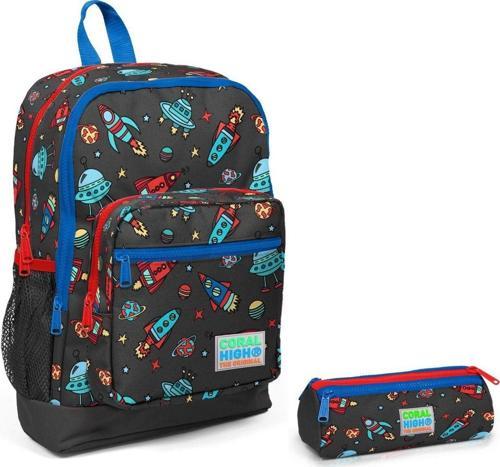 Coral High Erkek Çocuk Roket Baskılı Dört Bölmeli Sırt Çantası Kalemlik Takım