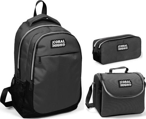 Coral High Gri Siyah Erkek Çocuk İlkokul Çanta Seti - Sırt Çantası+Beslenme+Kalemlik