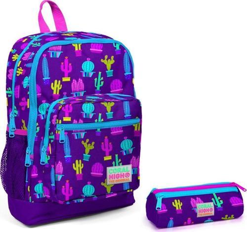 Coral High Kaktüs Baskılı Kız Çocuk İlkokul Sırt Çantası ve Kalemlik Seti