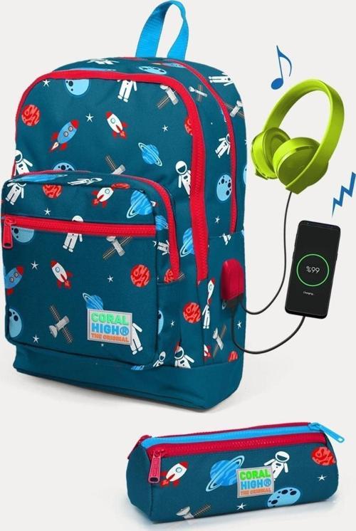 Uzay Desenli USB'li 2'li Okul Çanta Seti - Erkek Çocuk