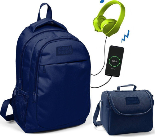 Coral High Lacivert Okul ve Beslenme Çantası - Erkek Çocuk - USB Soketli