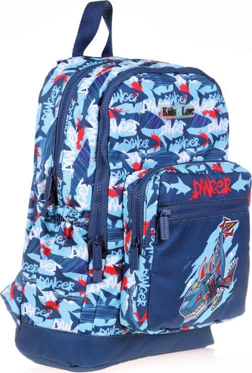 Kids&Love Erkek Çocuk Mavi Köpekbalığı İlkokul Okul Sırt Çantası - Dört Gözlü