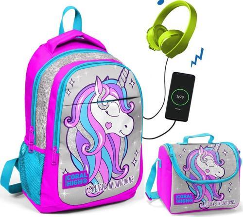 Coral High Pembe Unicorn Okul ve Beslenme Çantası - Kız Çocuk  - USB Soketli