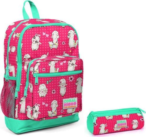 Coral High Pembe Yeşil Kuzu Baskılı Okul Sırt Çantası ve Kalemlik Takım - Kız Çocuk
