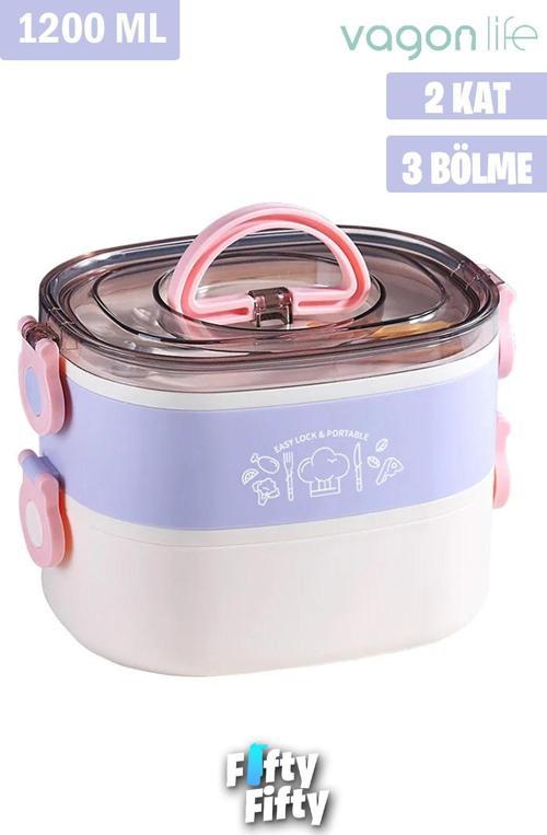 1200 ML İki Kat Üç Bölme Paslanmaz Çelik Bento Lunch Box Yeni Nesil Sefer Tası-ÇatallıKaşık-FFLBOX50251