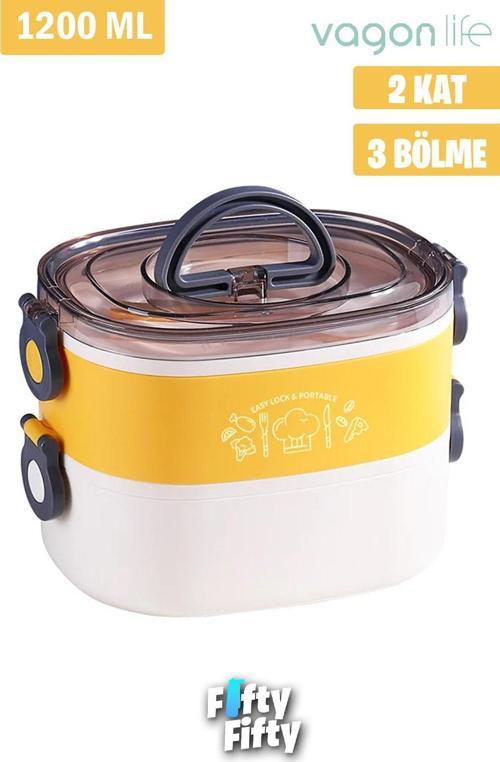 1200 ML İki Kat Üç Bölme Paslanmaz Çelik Bento Lunch Box Yeni Nesil Sefer Tası-ÇatallıKaşık-FFLBOX50251
