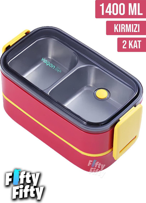 1400 ML İki Kat Üç Bölme Paslanmaz Çelik Bento Lunch Box Yeni Nesil Sefer Tası -Çatal/Kaşıklı Model-ffbl50002
