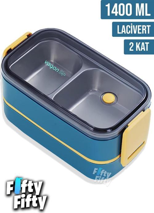 1400 ML İki Kat Üç Bölme Paslanmaz Çelik Bento Lunch Box Yeni Nesil Sefer Tası -Çatal/Kaşıklı Model-ffbl50002