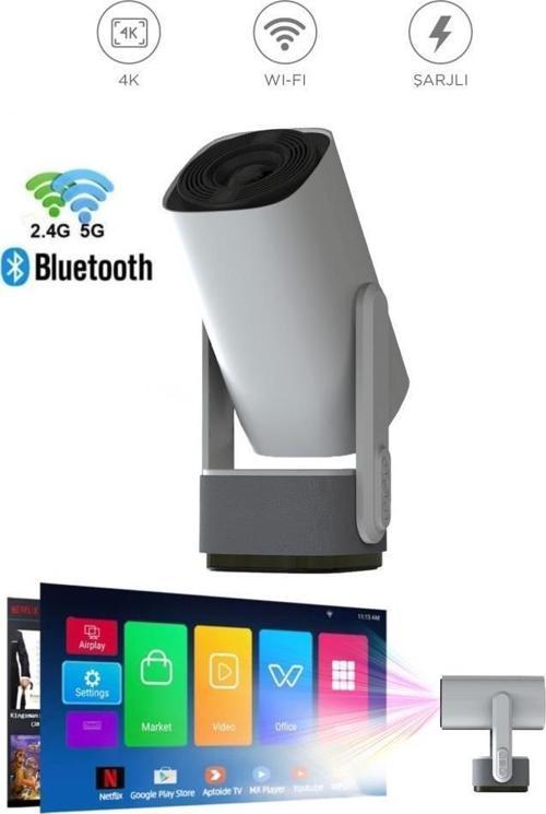 K2 Beyaz Taşınabilir Sinema Projektörü 4K Şarjlı Ev Sineması Bluetooth Android Akıllı Projeksiyon