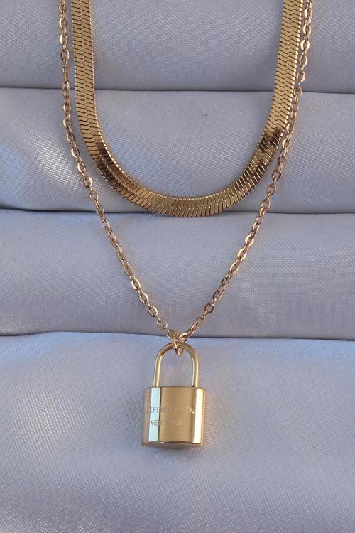 316L Çelik Gold Renk Çift Zincir Kilit Model Kolye - EBJ240807W25632