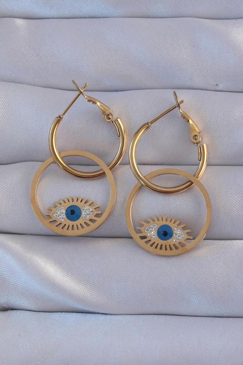 316L Çelik Gold Renk Zirkon Taşlı Mavi Göz Tasarımlı Halka Küpe - EBJ240807W25620