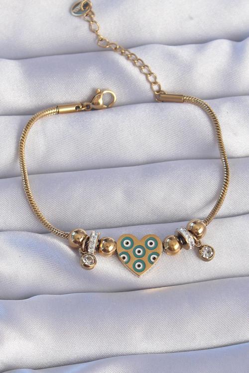 316L Çelik Gold Renk Zirkon Taşlı Nazarlı Kalp Tasarımlı Bileklik - EBJ240807W25653