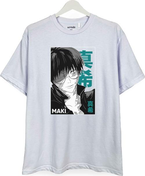 Maki Jujutsu Kaisen Baskılı Loose Fit Bisiklet Yaka Tişört Anime Manga