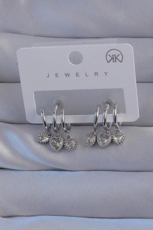 Pirinç Gümüş Renk Zirkon Taşlı Kalp Model Çoklu Görünüm Yarım Halka Küpe - EBJ240807W25602