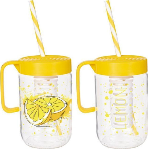 660 cc Kulplu Limon Desenli İnfuserli Pipetli Cam Bardak
