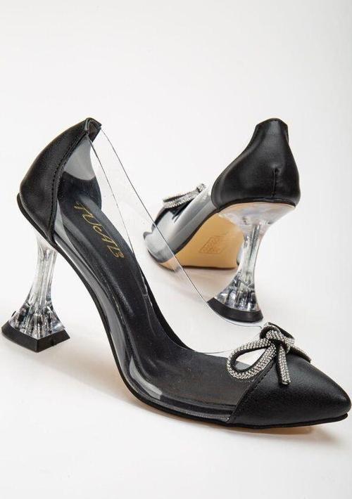 Siyah Stiletto Taşlı Şeffaf Topuklu Kadın Ayakkabı
