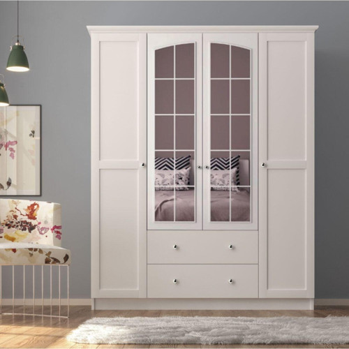 Side Rose 4 Kapak 2 Çekmece Aynalı Gardırop - Beyaz
