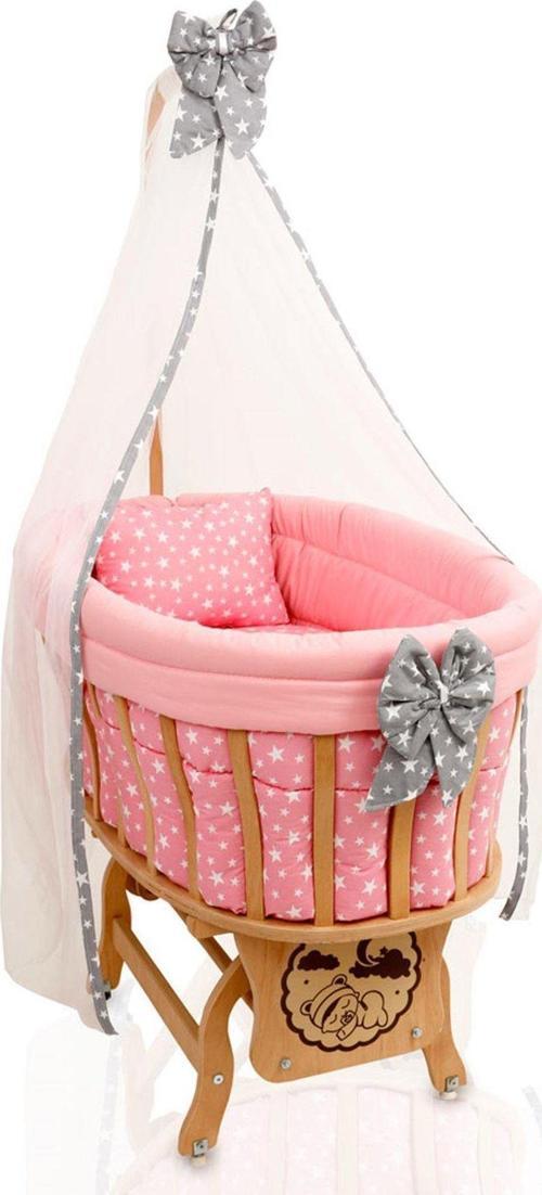 DS-01 Doğal Ahşap Sepet Beşik ''Pembe Yıldız'' Set İle