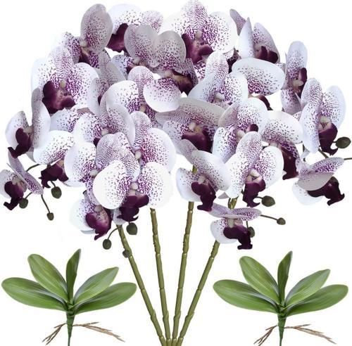 4lü Set Yapay Çiçek Beyaz Mor Çilli Islak Orkide ve 2 Adet Orkide Yaprağı Gerçeksi Doku Uzun Dal 90 cm
