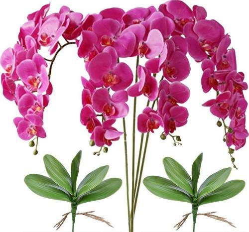 4lü Set Yapay Çiçek Fuşya Islak Orkide ve 2 Adet Orkide Yaprağı Gerçeksi Doku Uzun Dal 90 cm